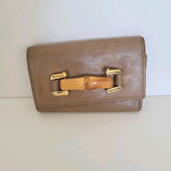 Gucci Bamboo Key Holder Wallet Case Leather Small Unisex Beige Trifold - Picture 1 of 11